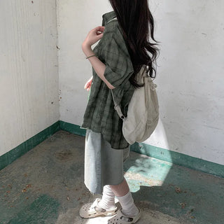 [2 colors] Big size oversized check short-sleeved shirt summer outerwear