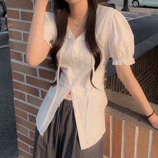 [2 colors] Shirred Frill Puff Sleeve Blouse
