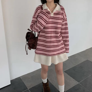 Fleece-lined striped oversized color T-shirt
