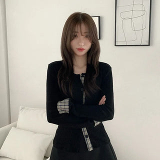Checked layered round neck long sleeve cardigan