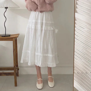 Skirt-style long lace elastic waist pleated skirt