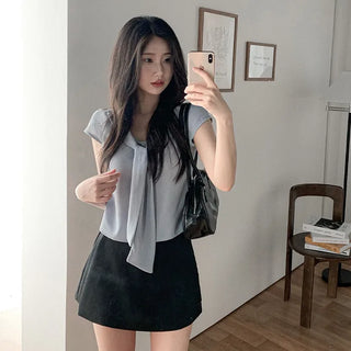 Tie-cap sleeve silky blouse