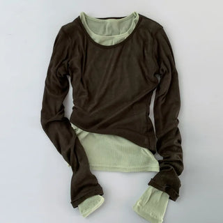 Sheer Round Neck Layered Long-Sleeve T-Shirt