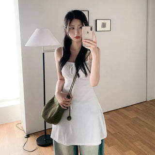 Square neck flared ribbon mini camisole dress
