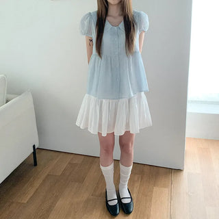 [3 colors] Polka Dot Babydoll Round Collar Puff Sleeve Short Sleeve Blouse