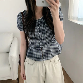 Checkered lace trim puff sleeve peplum summer blouse
