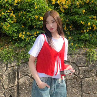 (Can be worn as a two-piece set) Knit bustier ribbon camisole