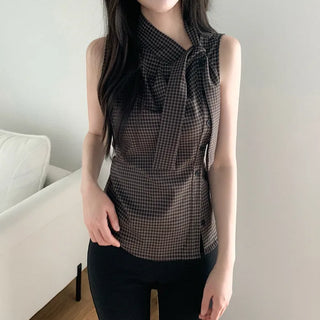 [2 colors] Tie Ribbon Check Camisole Shirring Summer Blouse
