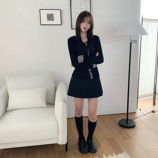 Checked layered round neck long sleeve cardigan