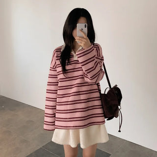 Fleece-lined striped oversized color T-shirt