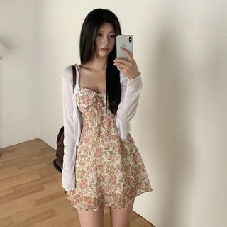 Ribbon floral print camisole bustier A-line mini summer dress