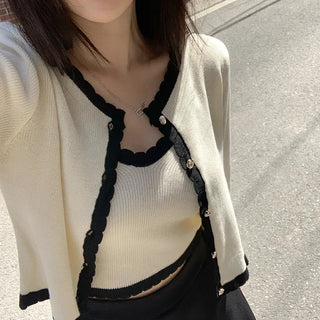 (Set) V-neck cropped sleeveless top & cardigan set