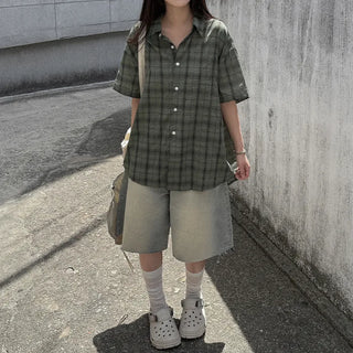 [2 colors] Big size oversized check short-sleeved shirt summer outerwear
