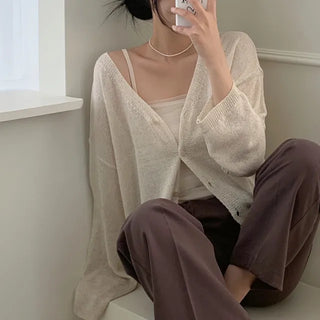 Linen knit sheer V-neck cardigan