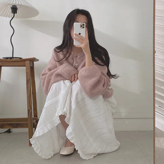 Skirt-style long lace elastic waist pleated skirt