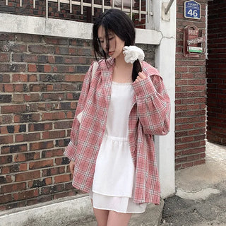 Pink checkered hooded oversized shirt