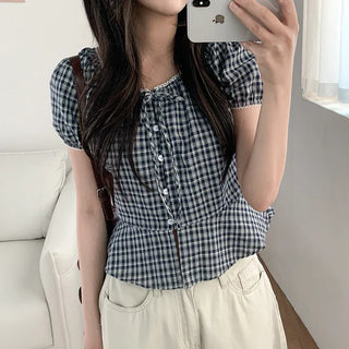 Checkered lace trim puff sleeve peplum summer blouse