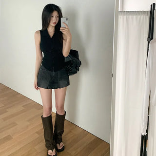 [2 colors] Collared halter neck shirred camisole blouse