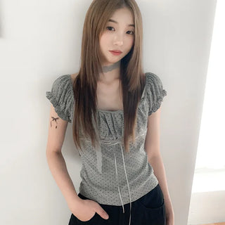 [3 colors] Polka Dot Lace Shirred Puff Sleeve Short Sleeve Slim T-Shirt