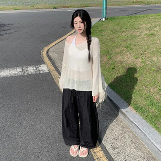 Off-shoulder oversized sheer V-neck