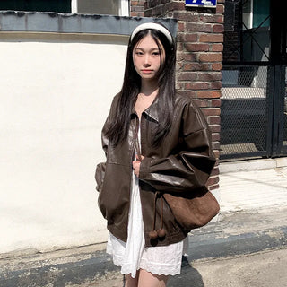 Collared faux leather oversized blouson