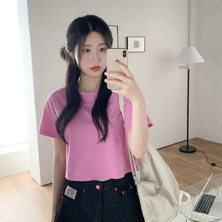 Semi-Crop Plain T-Shirt Layered T-Shirt