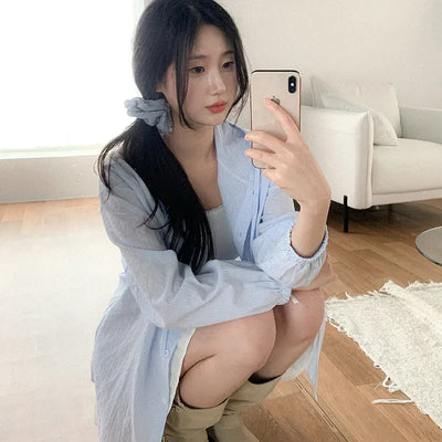 Sheer Stripe Shirt Hoodie - Oversized Silhouette