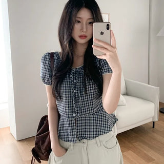 Checkered lace trim puff sleeve peplum summer blouse