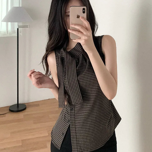[2 colors] Tie Ribbon Check Camisole Shirring Summer Blouse