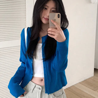 Layered-style round-neck knit cardigan