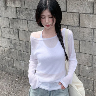Linen oversized off-shoulder sheer long-sleeved T-shirt