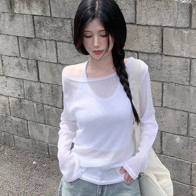 Linen oversized off-shoulder sheer long-sleeved T-shirt
