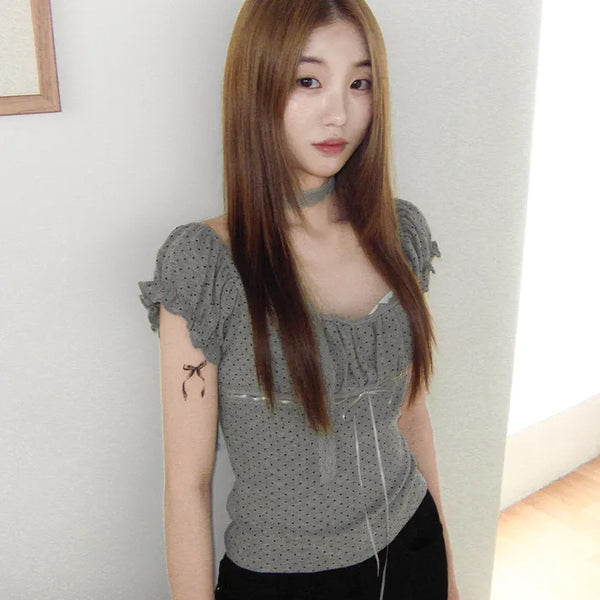 [3 colors] Polka Dot Lace Shirred Puff Sleeve Short Sleeve Slim T-Shirt