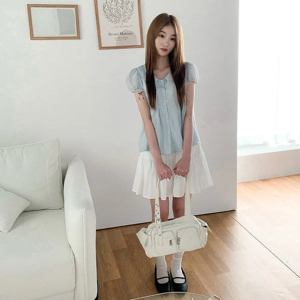 [3 colors] Polka Dot Babydoll Round Collar Puff Sleeve Short Sleeve Blouse