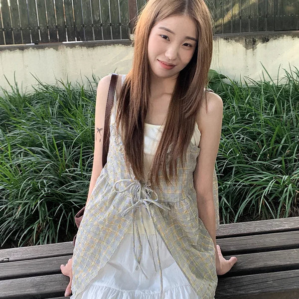 [3 colors] Checkered bustier set blouse plus size summer dress
