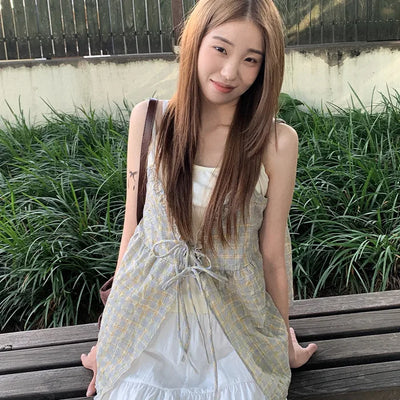 [3 colors] Checkered bustier set blouse plus size summer dress