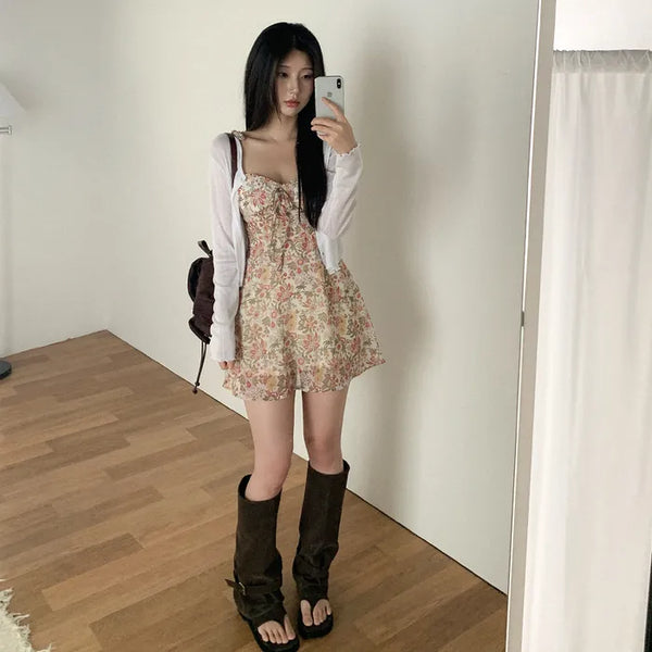 Ribbon floral print camisole bustier A-line mini summer dress