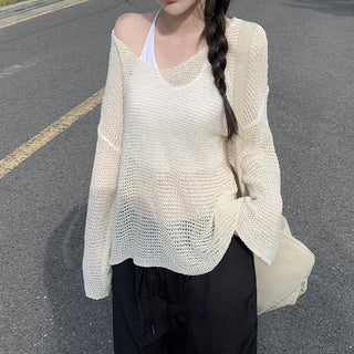 Off-shoulder oversized sheer V-neck