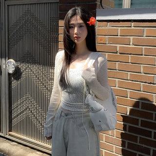 (Set) Bolero Summer Cardigan & Flower Lace Cap Sleeve Dress Set