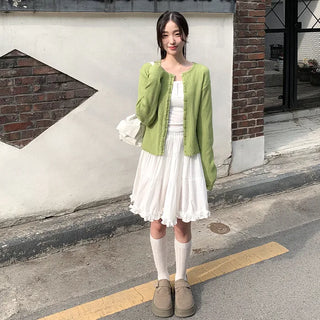 Layered-style round-neck knit cardigan