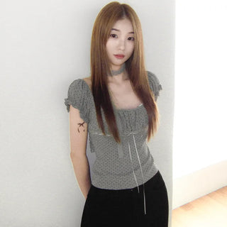 [3 colors] Polka Dot Lace Shirred Puff Sleeve Short Sleeve Slim T-Shirt