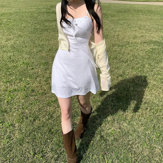 Square neck flared ribbon mini camisole dress