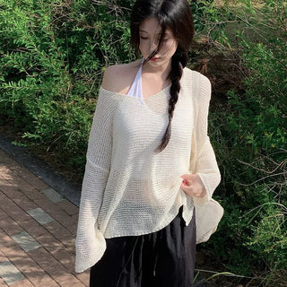 Off-shoulder oversized sheer V-neck