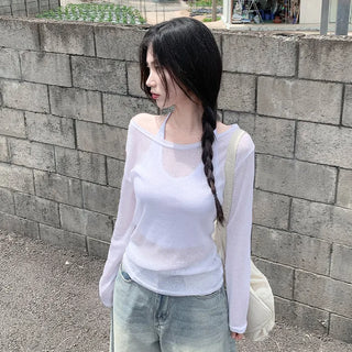 Linen oversized off-shoulder sheer long-sleeved T-shirt