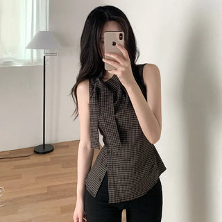 [2 colors] Tie Ribbon Check Camisole Shirring Summer Blouse