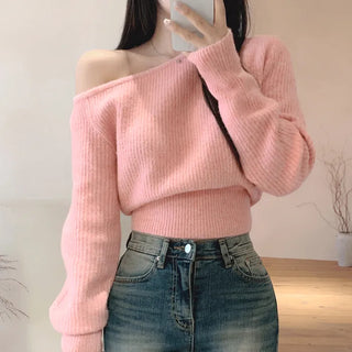 Asymmetrical off-shoulder cropped knit