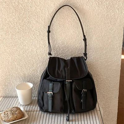Pocket Nylon Shoulder Bucket Bag (3 colors)