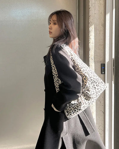 Leopard print 2-pocket cotton shoulder bag