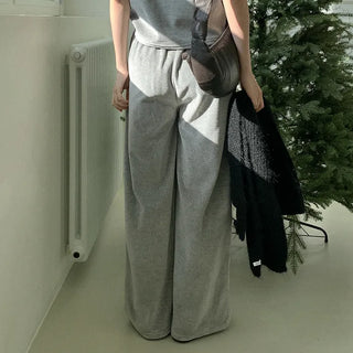 Velour wide-leg elastic waist pants