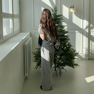 Velour wide-leg elastic waist pants